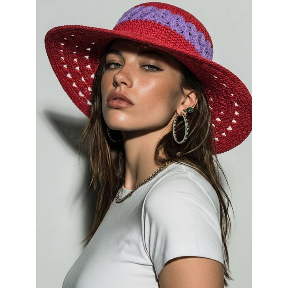💜Vintage Red & Purple Wide Brim Straw Sun Hat